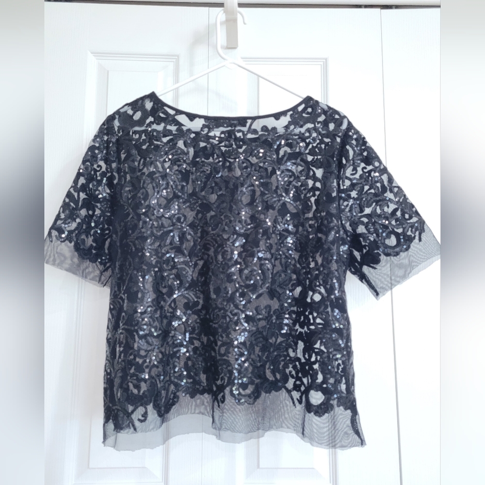 Karen Kane Black Sequin Lace Blouse